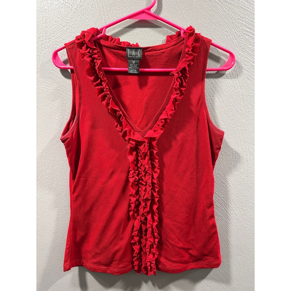 INC International Concepts Red Ruffle V-Neck Sleeveless Top Mesh Knit Medium
